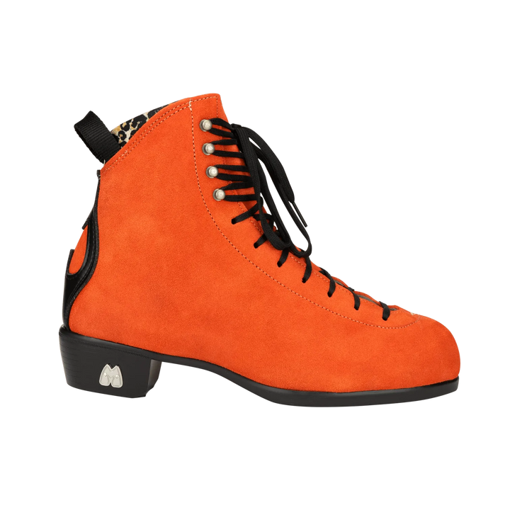 Moxi Roller Skates Jack 2 boots in Clementine orange featuring leopard print lining and black heel, laces and backstay.