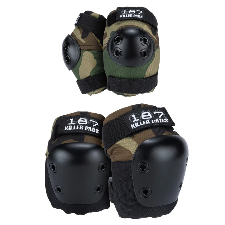 187 Killer Pads Combo Pack elbow and knee pads in green, brown and black camo print with black caps.