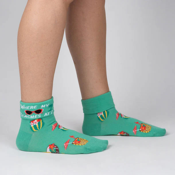 Teal green turn cuff socks with tropical cocktails and sunglasses