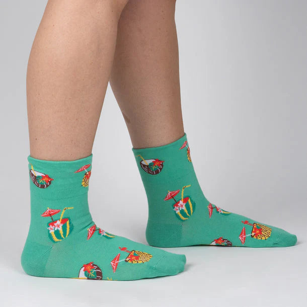 Teal green turn cuff socks with tropical cocktails and sunglasses