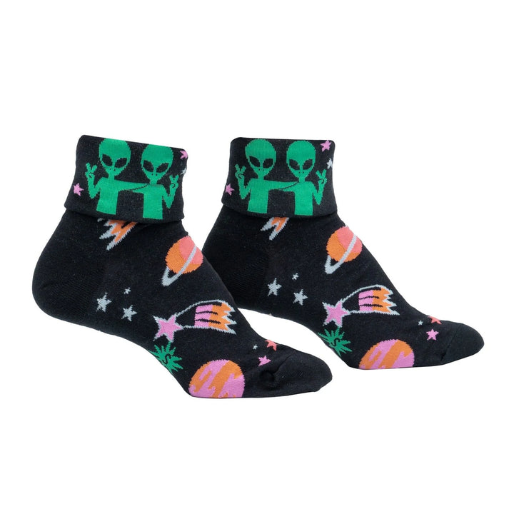 Sock it to Me Turn Cuff crew socks - Far Out - black with green, pink and orange space print and aliens