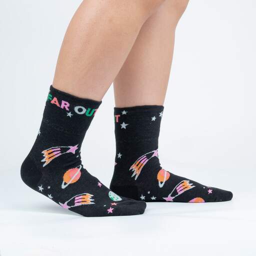 Sock it to Me Turn Cuff crew socks - Far Out - black with green, pink and orange space print and aliens