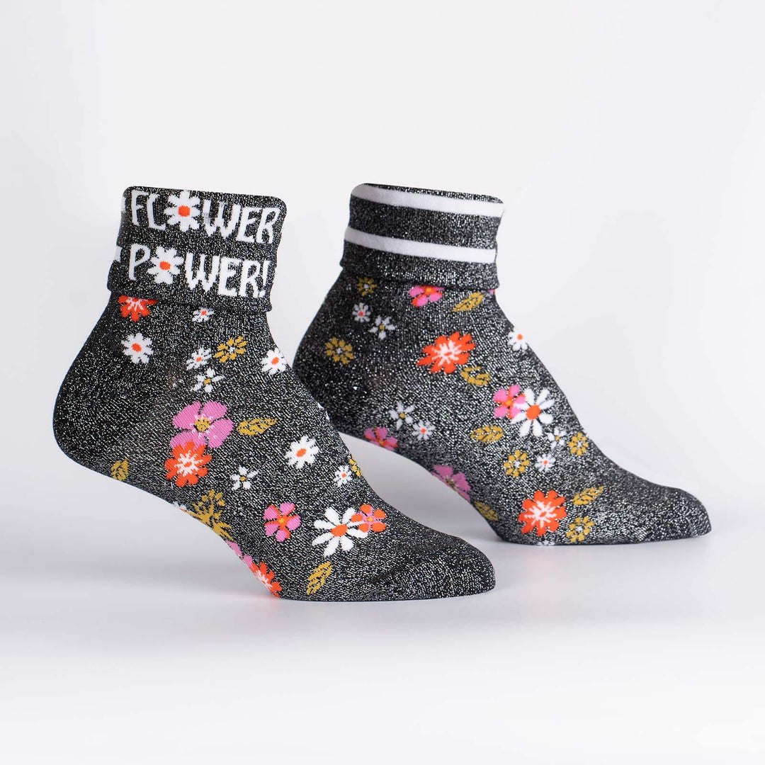 Sock it to Me Turn Cuff crew socks - Flower Power - black shimmer with pink, orange, white and mustard flowers