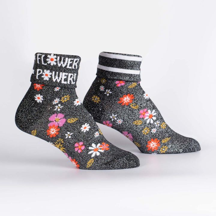 Sock it to Me Turn Cuff crew socks - Flower Power - black shimmer with pink, orange, white and mustard flowers