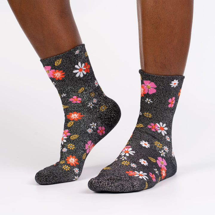 Sock it to Me Turn Cuff crew socks - Flower Power - black shimmer with pink, orange, white and mustard flowers