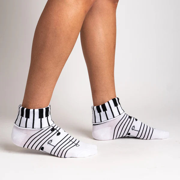 Sock it to Me Turn Cuff crew socks - Footnotes - white with black keyboard and sheet music print