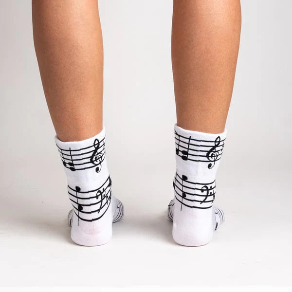 Sock it to Me Turn Cuff crew socks - Footnotes - white with black keyboard and sheet music print