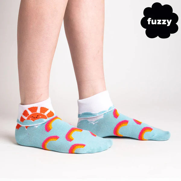 Sock it to Me Turn Cuff crew socks - hello sunshine - blue with sun and rainbows