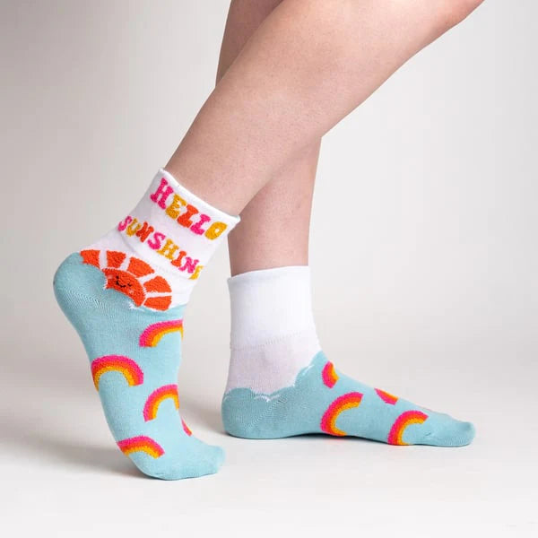 Sock it to Me Turn Cuff crew socks - hello sunshine - blue with sun and rainbows