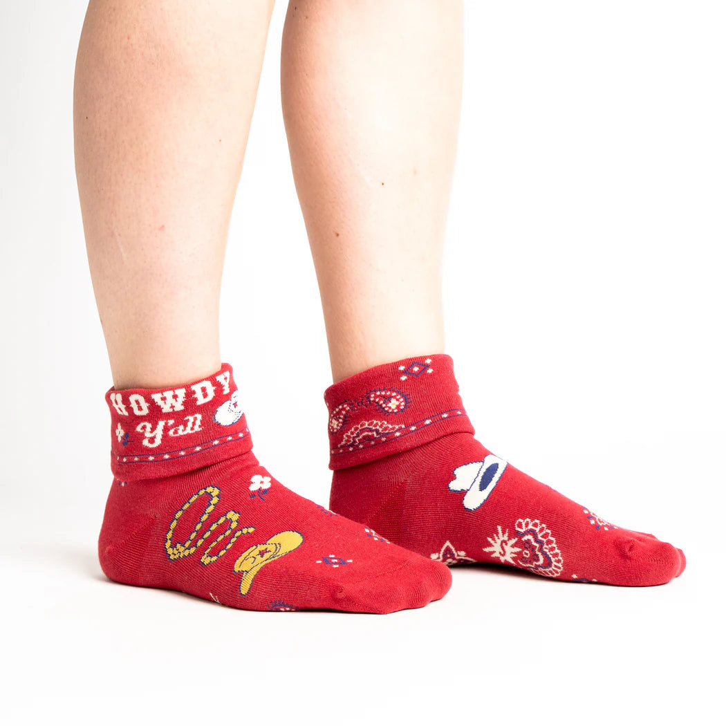 Sock it to Me Turn Cuff crew socks - Howdy y'all - red with western drawings