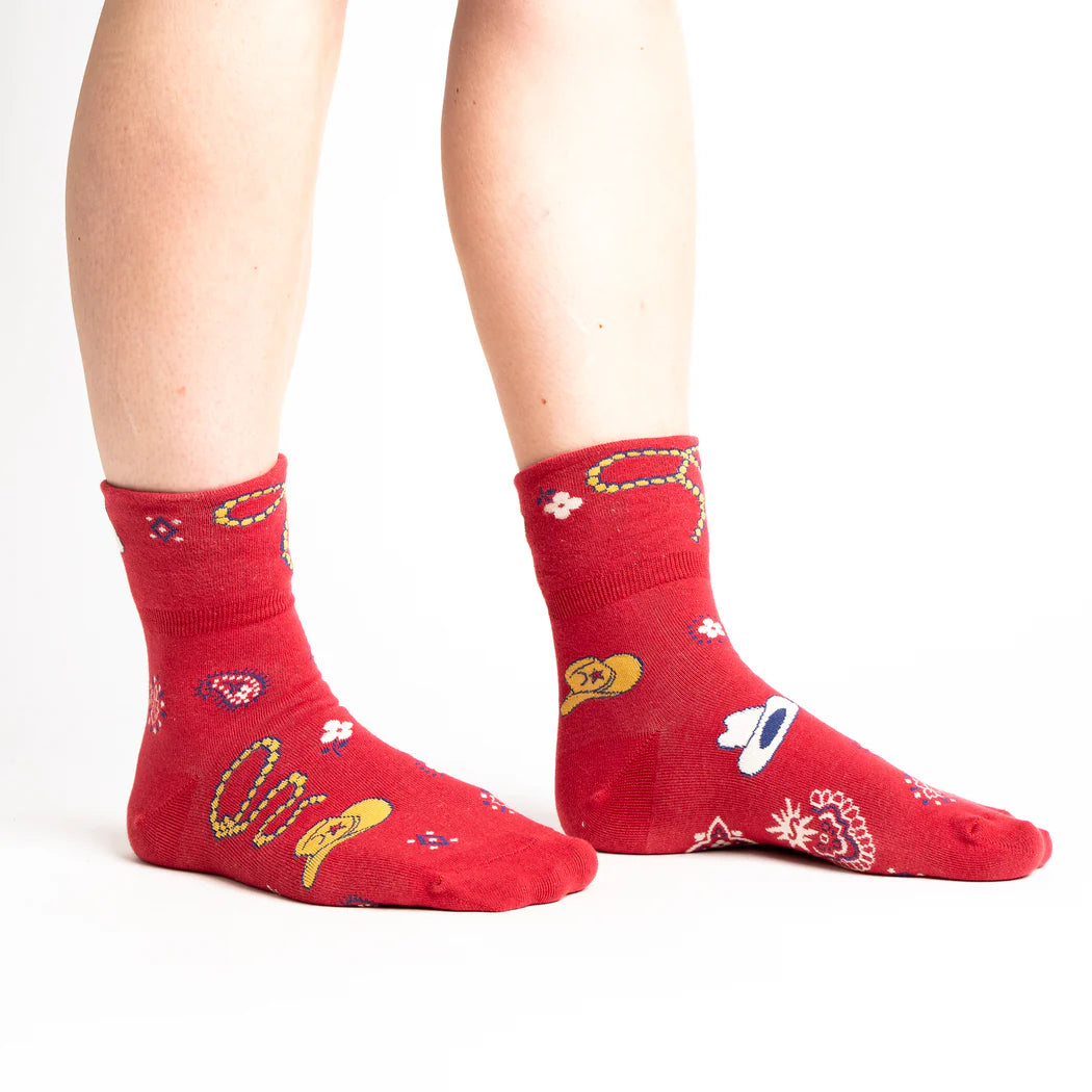 Sock it to Me Turn Cuff crew socks - Howdy y'all - red with western drawings