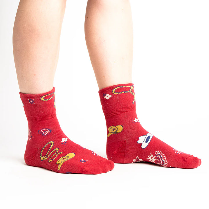 Sock it to Me Turn Cuff crew socks - Howdy y'all - red with western drawings