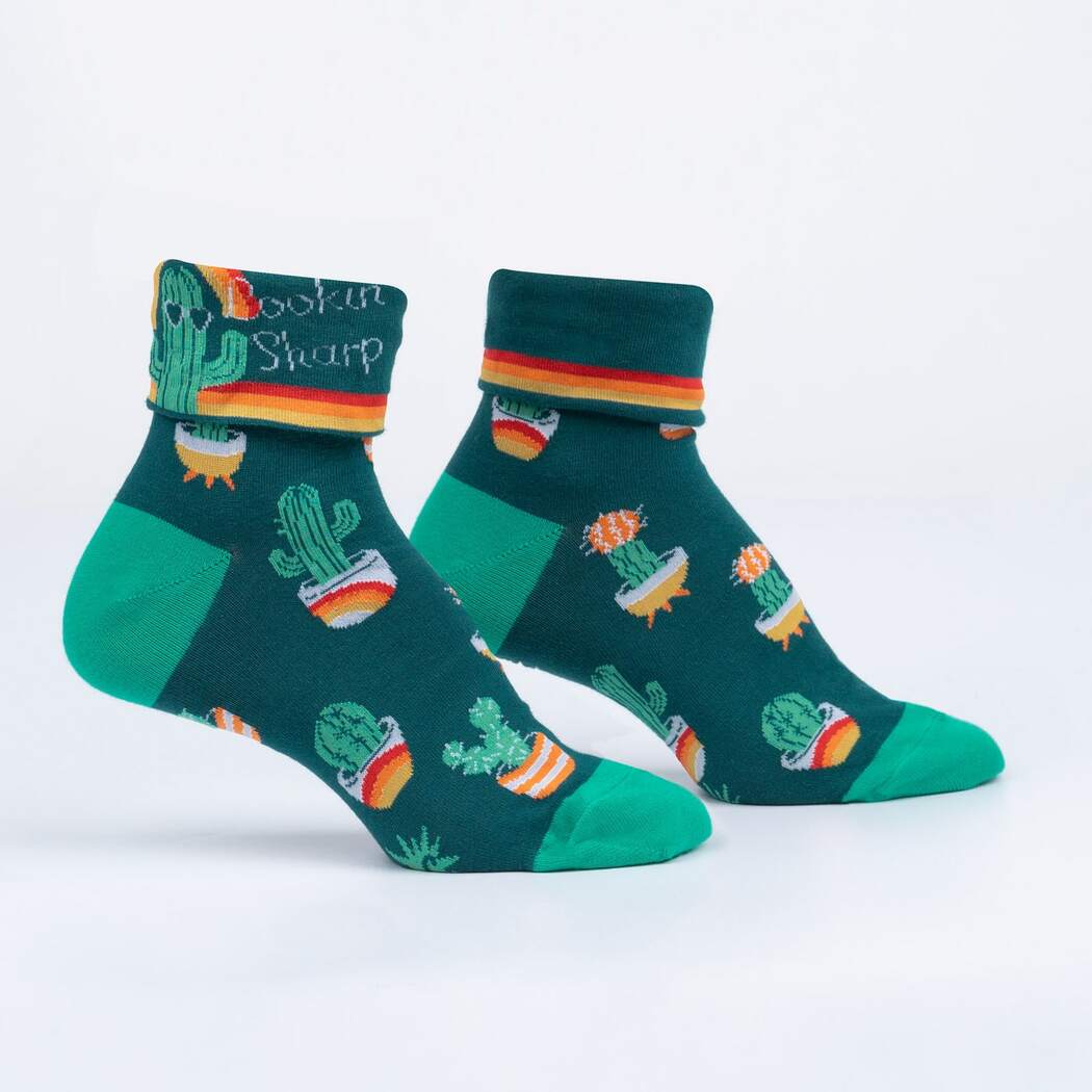 Sock it to Me Turn Cuff crew socks - Lookin' Sharp - green with cactus pot plant print