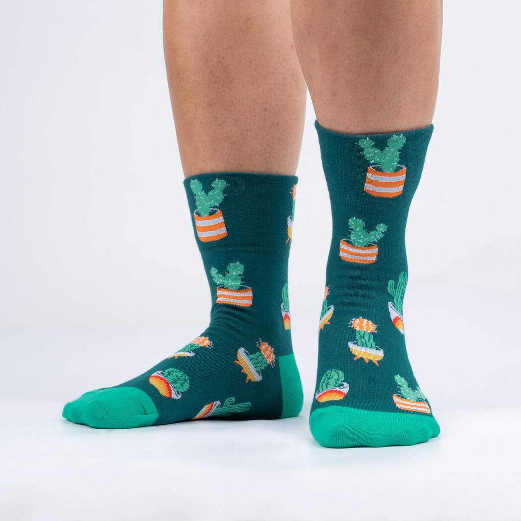 Sock it to Me Turn Cuff crew socks - Lookin' Sharp - green with cactus pot plant print