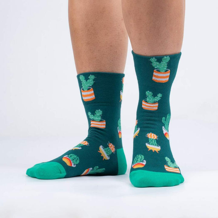 Sock it to Me Turn Cuff crew socks - Lookin' Sharp - green with cactus pot plant print