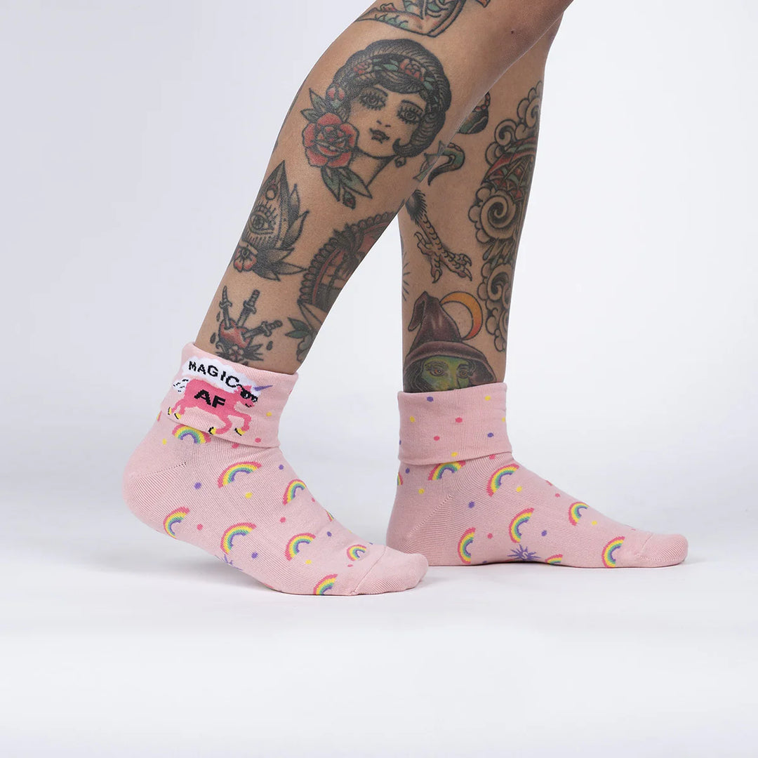 Sock it to Me Turn Cuff crew socks - Magic AF - pink with pastel rainbow, spots and sunglass wearing unicorn.