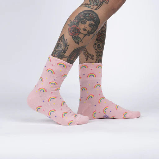 Sock it to Me Turn Cuff crew socks - Magic AF - pink with pastel rainbow, spots and sunglass wearing unicorn.