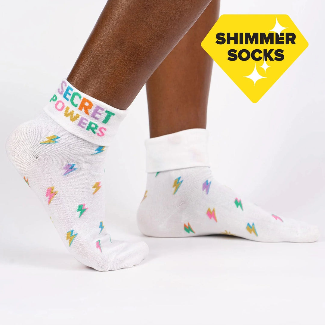 Sock it to Me Turn Cuff crew socks - Secret Powers - white with shimmer pastel lightning bolts