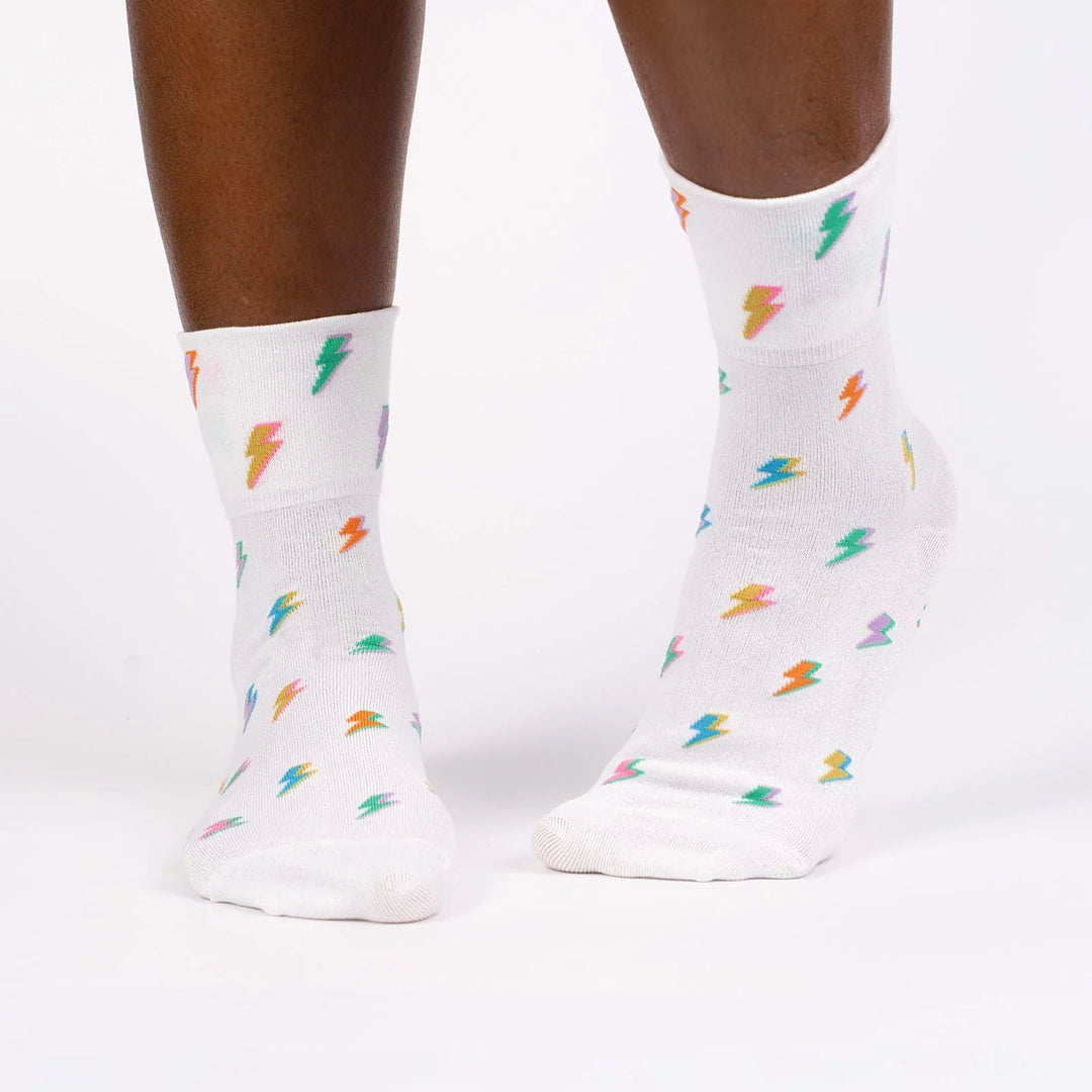 Sock it to Me Turn Cuff crew socks - Secret Powers - white with shimmer pastel lightning bolts