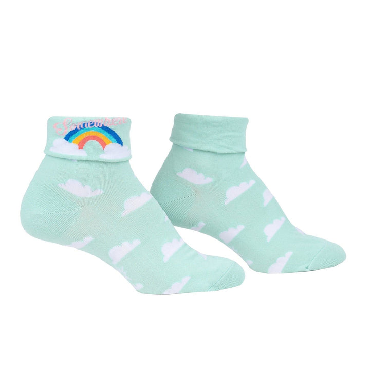 Sock it to Me Turn Cuff crew socks - Somewhere Over the Rainbow - pastel teal with white clouds and rainbow