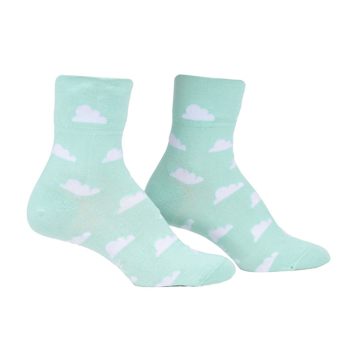 Sock it to Me Turn Cuff crew socks - Somewhere Over the Rainbow - pastel teal with white clouds and rainbow