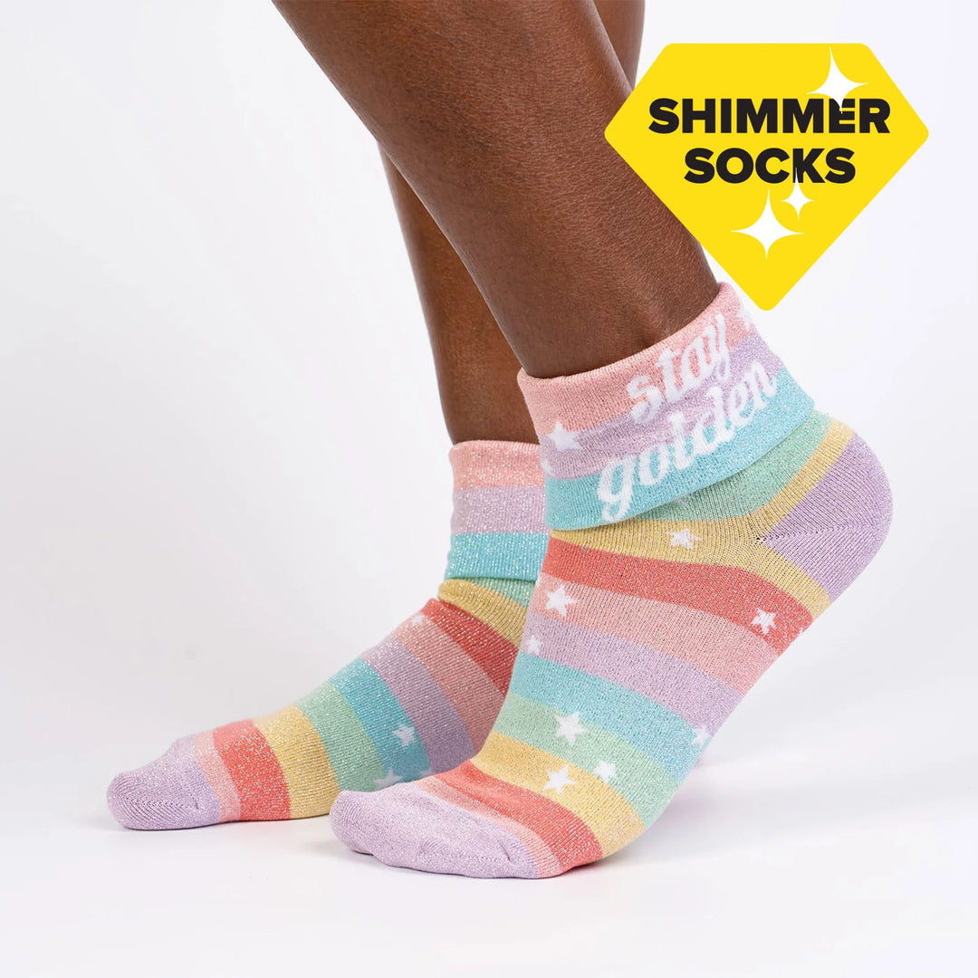 Sock it to Me Turn Cuff crew socks - Stay golden - shimmer pastel rainbow stripe with white stars