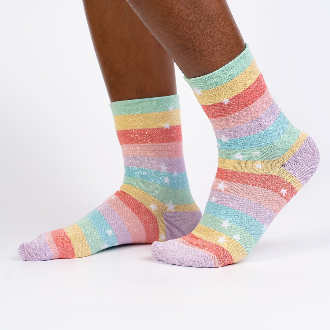 Sock it to Me Turn Cuff crew socks - Stay golden - shimmer pastel rainbow stripe with white stars