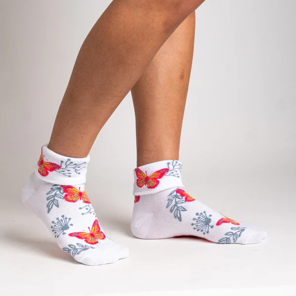 Sock it to Me Turn Cuff crew socks - Take Flight - white with pink and orange butterflies and blue/grey leave print