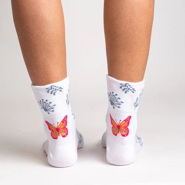 Sock it to Me Turn Cuff crew socks - Take Flight - white with pink and orange butterflies and blue/grey leave print