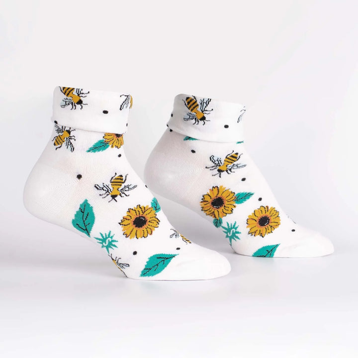 Sock it to Me Turn Cuff crew socks - Yas Queen - white with bee and sunflower print.