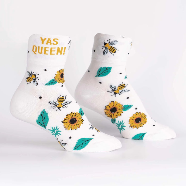 Sock it to Me Turn Cuff crew socks - Yas Queen - white with bee and sunflower print.