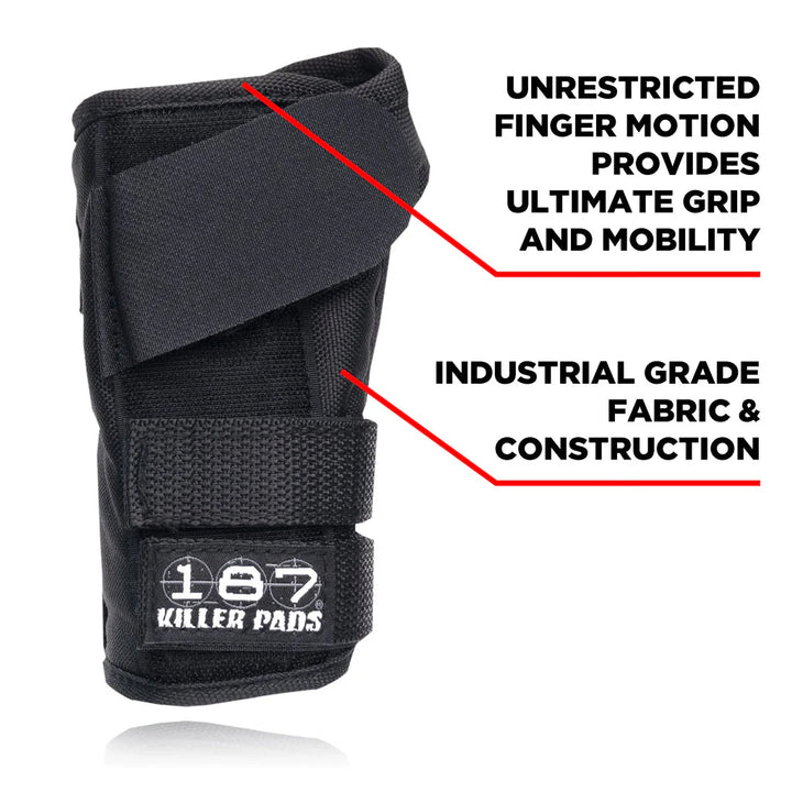 Black 187 Killer Pads Pro Wrist Guard  with text highlighting features on a white background