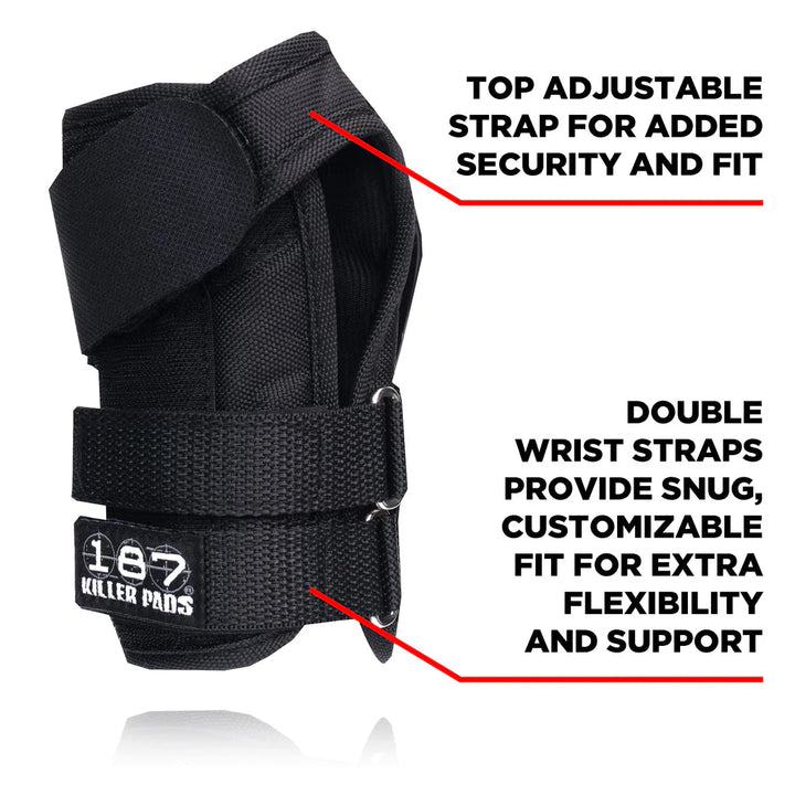 Black 187 Killer Pads Pro Wrist Guard  with text highlighting features on a white background