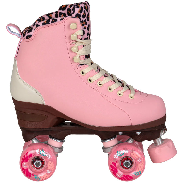 Chaya Miyu Pink Leopard roller skate - pastel pink boot with brown sole, pink wheels and toe stop, cream laces and pink leopard print tongue and lining.