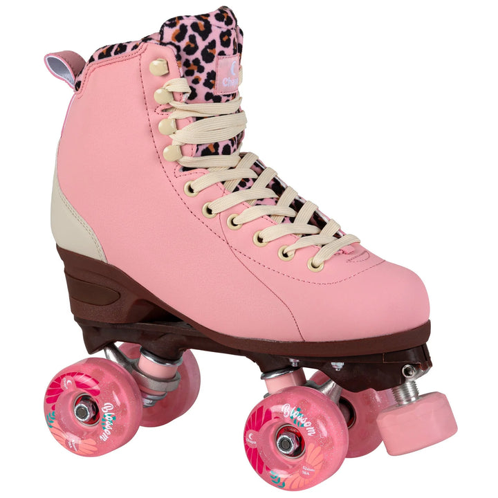 Chaya Miyu Pink Leopard roller skate - pastel pink boot with brown sole, pink wheels and toe stop, cream laces and pink leopard print tongue and lining.
