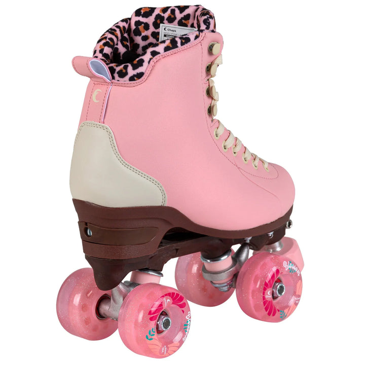 Chaya Miyu Pink Leopard roller skate - pastel pink boot with brown sole, pink wheels and toe stop, cream laces and pink leopard print tongue and lining.