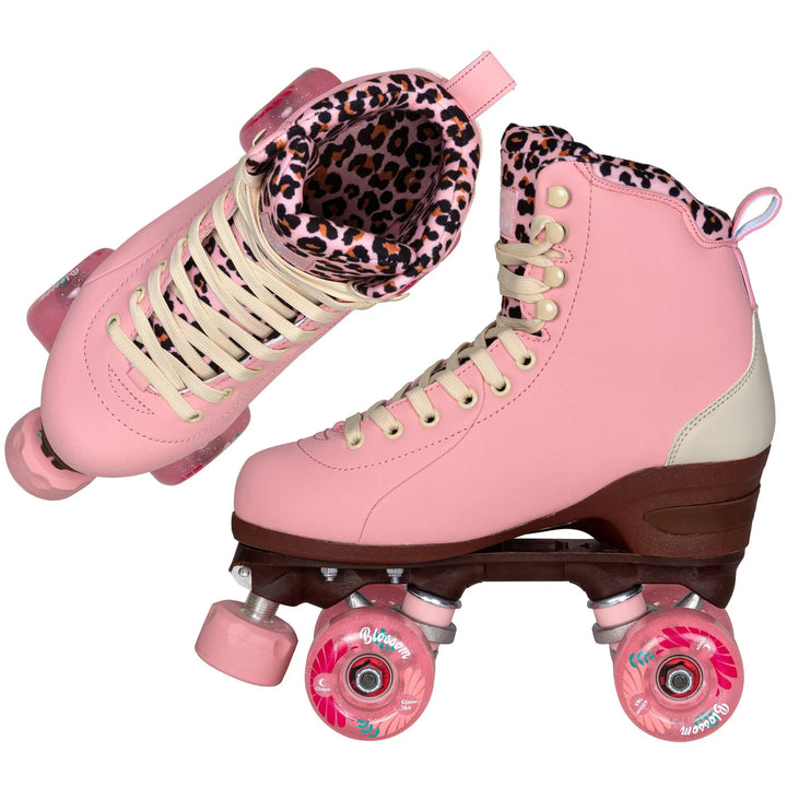 Chaya Miyu Pink Leopard roller skates - pastel pink boot with brown sole, pink wheels and toe stop, cream laces and pink leopard print tongue and lining.