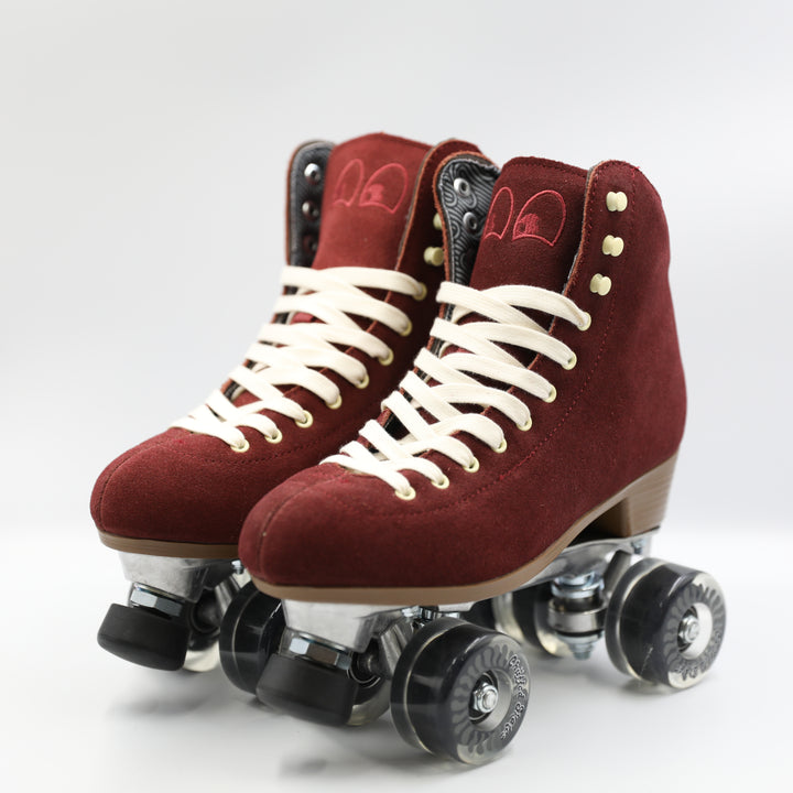 Chuffed Skates Wanderer roller skates in Burgundy with white laces on a white background