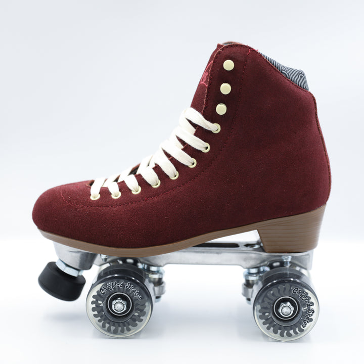 Chuffed Skates Wanderer roller skate in Burgundy with white laces on a white background