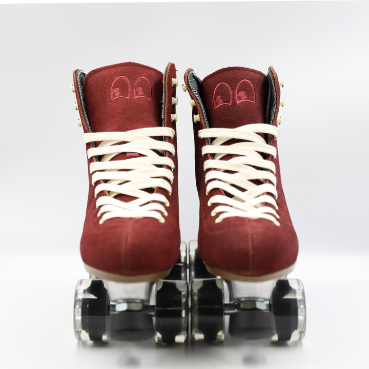 Chuffed Skates Wanderer roller skates in Burgundy with white laces on a white background