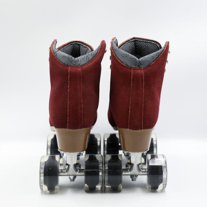 Chuffed Skates Wanderer roller skates in Burgundy with white laces on a white background