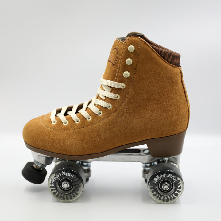 Chuffed Skates Wanderer roller skate in Caramel with white laces on a white background