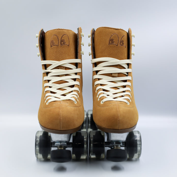 Chuffed Skates Wanderer roller skate in Caramel with white laces on a white background