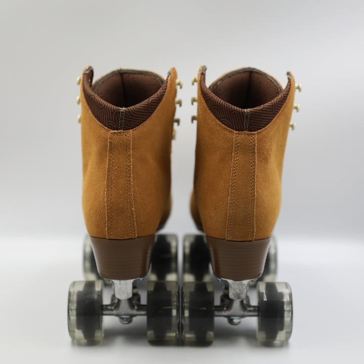 Chuffed Skates Wanderer roller skate in Caramel with white laces on a white background