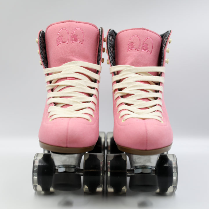 Chuffed Skates Wanderer roller skates in Vegan Pink with white laces on a white background