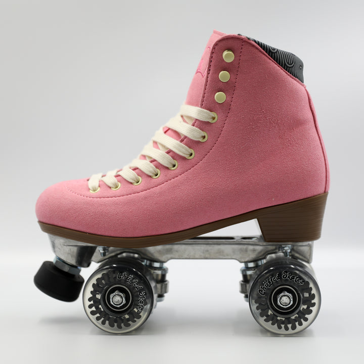Chuffed Skates Wanderer roller skate in Vegan Pink with white laces on a white background