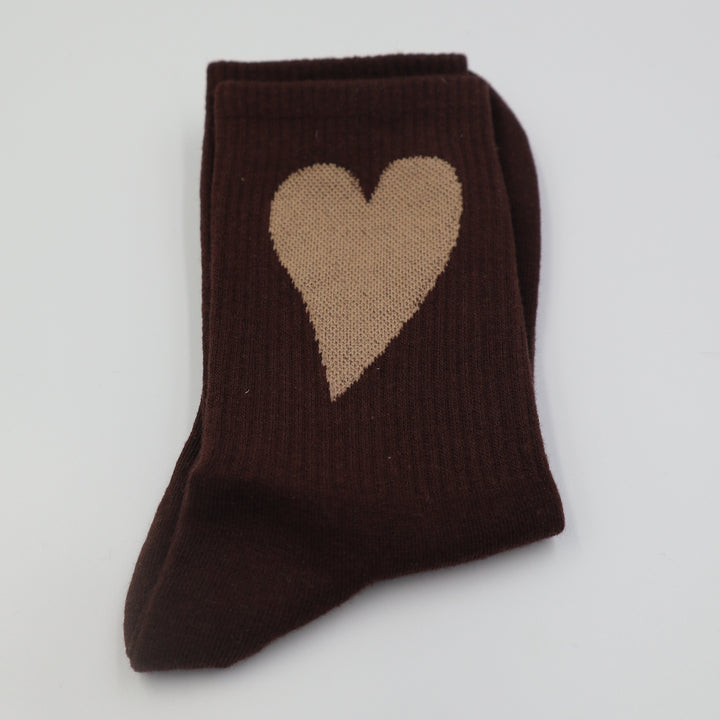 RollerFit ribbed crew socks with a single large heart design: chocolate brown with tan heart