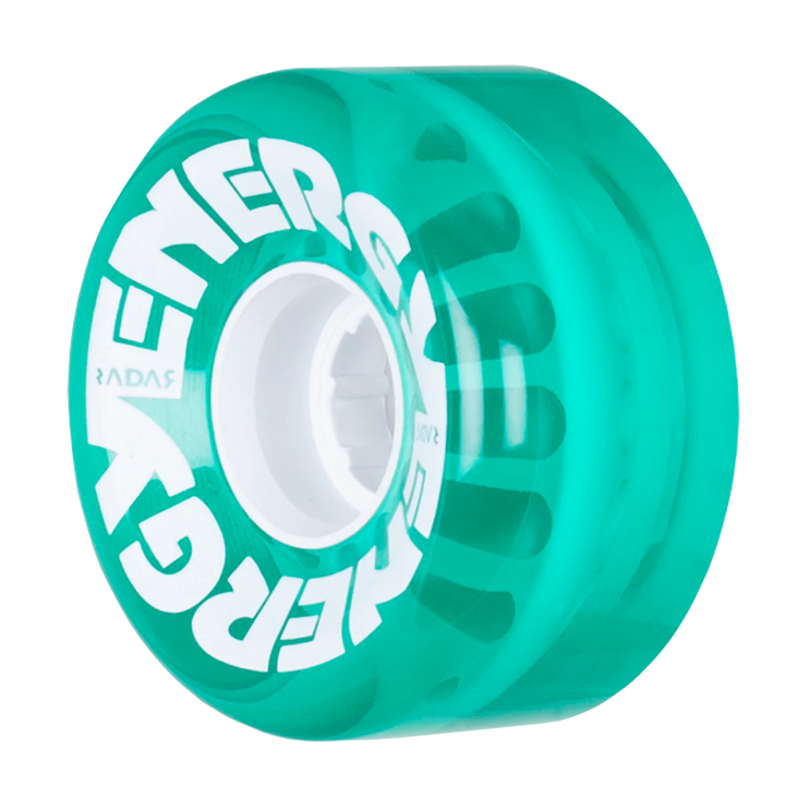 Radar Energy 62mm outdoor roller skate wheel in clear green with white hub and graphic on wheel face.