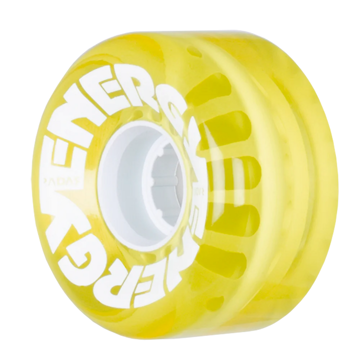 Radar Energy 62mm outdoor roller skate wheel in clear yellow with white hub and graphic on wheel face.