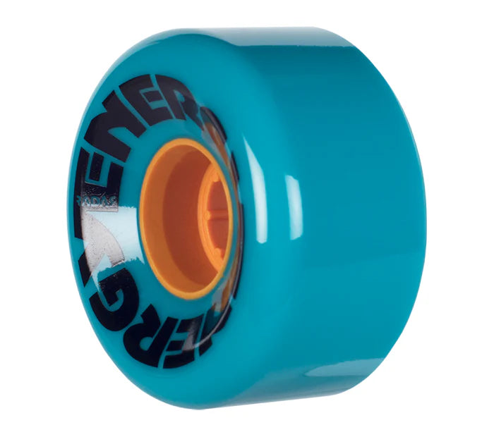 Radar Energy 62mm outdoor roller skate wheel in teal with orange hub and black graphic on wheel face.